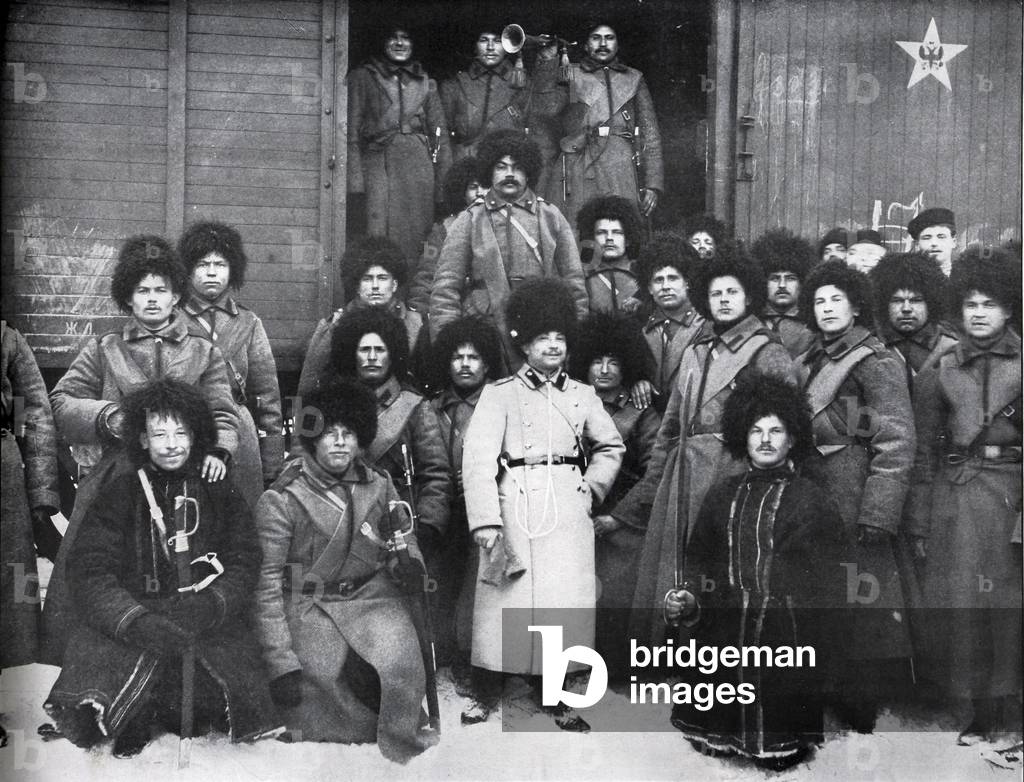 Russo Japanese War, Members of the 23rd Artillery Brigade in winter dress beside a boxcar.