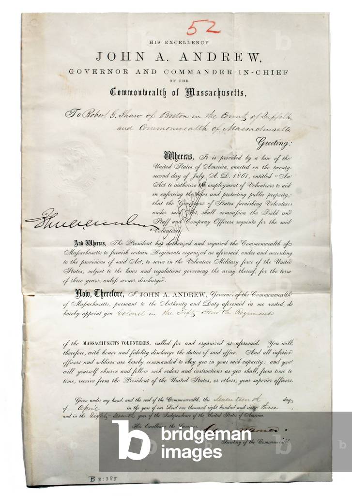 Commission appointing Robert Gould Shaw Colonel of the 54th Massachusetts