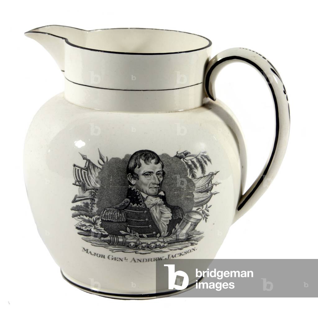 Ceramic pitcher with image of Major General Andrew Jackson, early 19th Century.