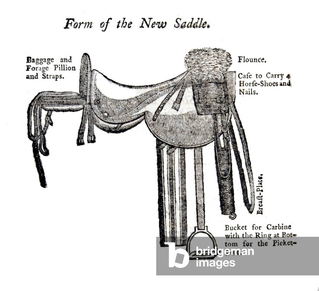 British Cavalry saddle, from 'The Discipline of the Light-horse' by Robert Hinde, 1778 (engraving)