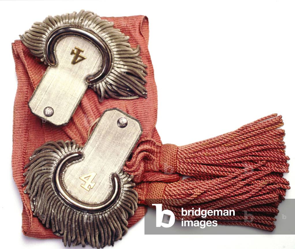 Red silk sash and silver epaulettes worn by Washington Hood, 4th United States Infantry, 1830s
