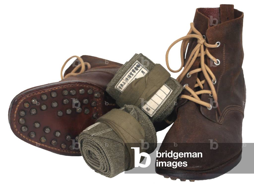 ,Japanese hobnailed soldier's boots and cloth leg wraps