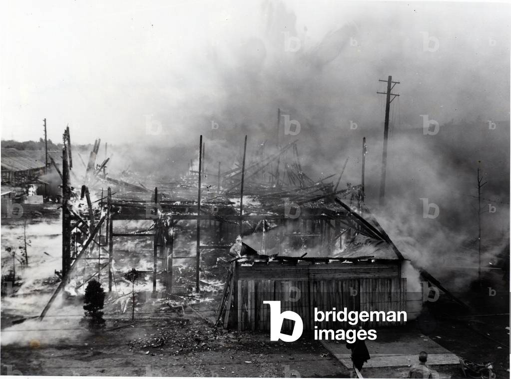 Occupied Japan, 1945 after the surrender.Fire at Tachikawa, Japan