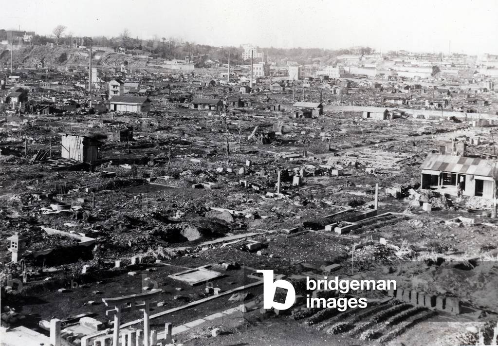 Occupied Japan, 1945 after the surrender. Bombed out area of Tokyo