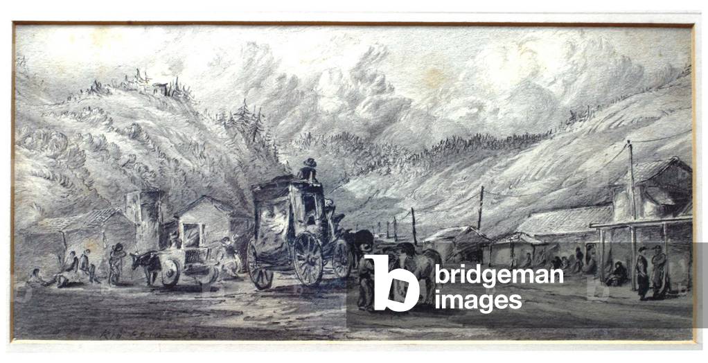 American West, Drawing of a Stagecoach arrival in Rio Frio, California in 1866 by Karl Kahl