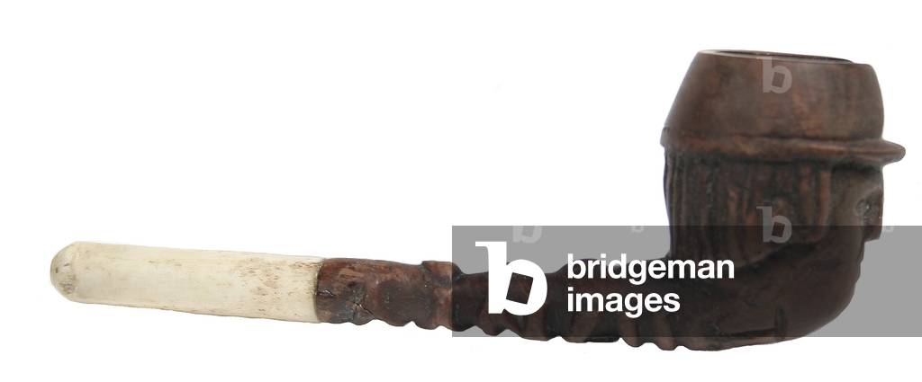 Carved wooden & bone pipe with soldier's head bowl