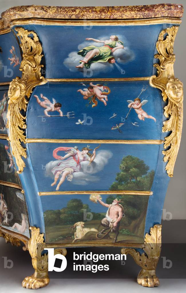 The Doria Commode, c.1737 (tempera and oil painted decoration, carved walnut decoration, original carved spanish red broccatello marble top)