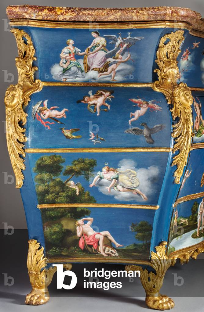 The Doria Commode, c.1737 (tempera and oil painted decoration, carved walnut decoration, original carved spanish red broccatello marble top)