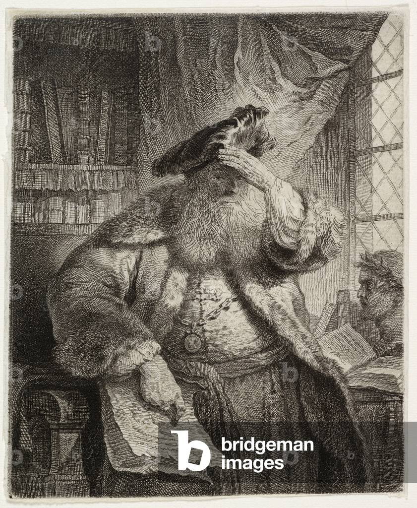 Old man shading his eyes with his hand (etching)