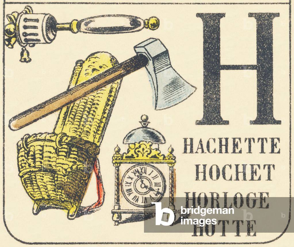 H : hachette, hochet, horloge, hotte - ABC of everyday things, 1890 (illustration)