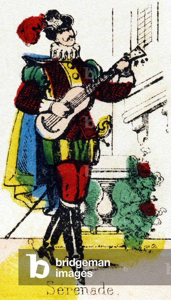 Serenade. Engraving in “” Characters and Costumes vary””. New Epinal Imaging. Imp. lith. Pinot et Sagaire, booksellers publishing at Epinal. Plate Ná411. Stencilled lithographs. Around 1850. Dim: 41 x 28 cm. Private Collection