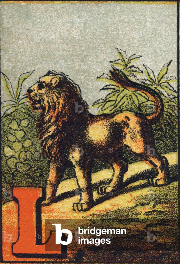 Letter L: lion. ABC. Franco-German abecedaire. Late chromolithography of the 19th century. Unknown editor. 16 pages. Dim: 17x11,5cm