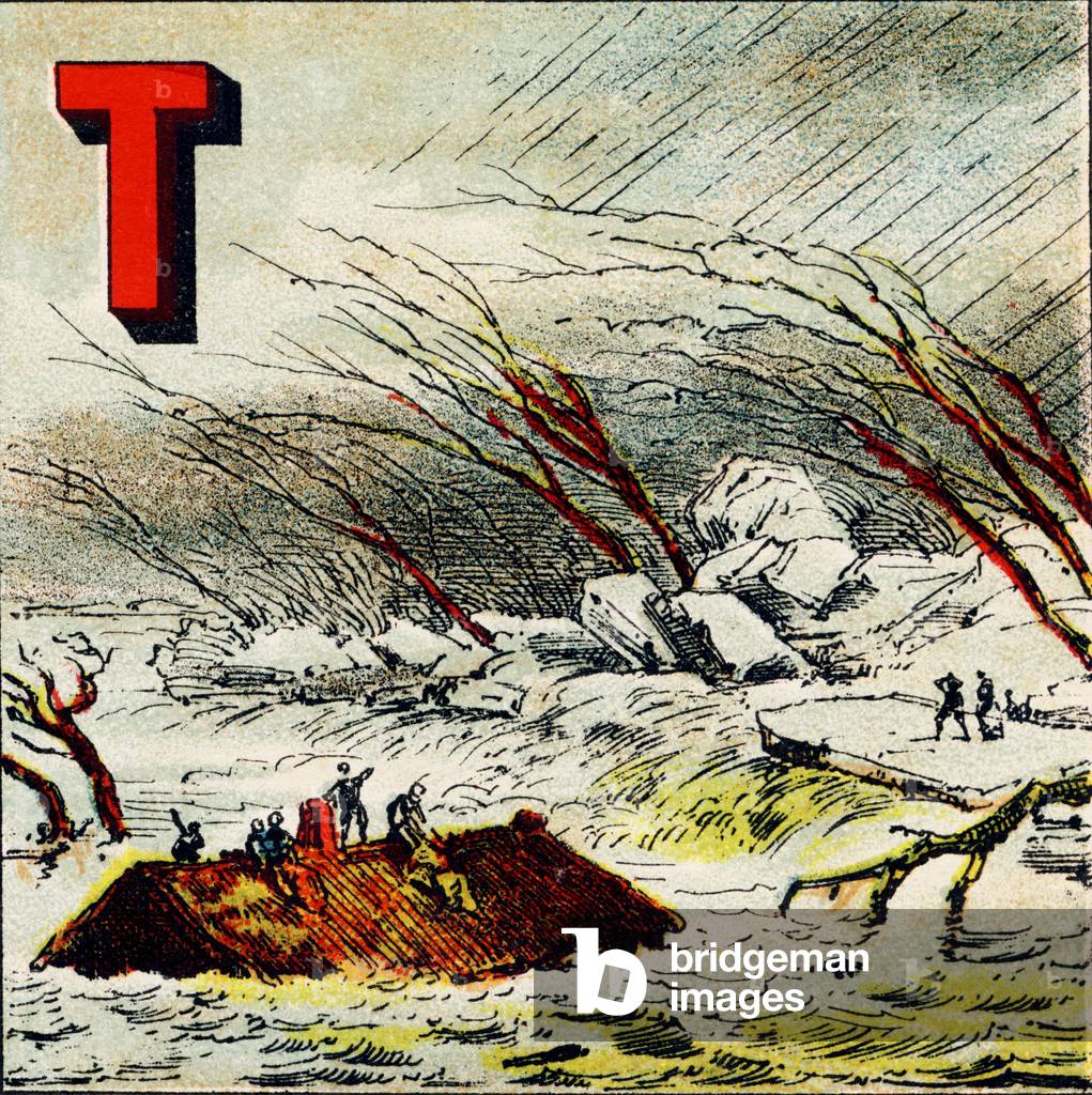 T : Torrent. C'est un courant d'eau tres rapide produit par la grande pente d'un terrain - Gravure extraite de Alphabet geographique. Guerin-Muller et Cie, editeurs, Paris, 1880. Librairie enfantine illustree. Dimensions : 27 x 19 cm.