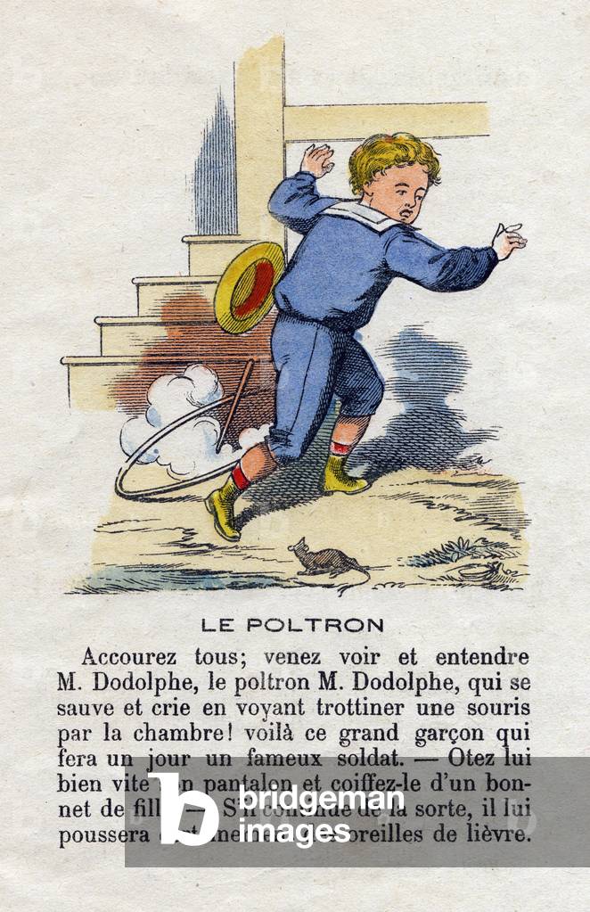 The poltron. A child playing the hoop frightened by a mouse. Little boys alphabet. Abecedary has moral value containing reading exercises. Epinal imaging late 19th century