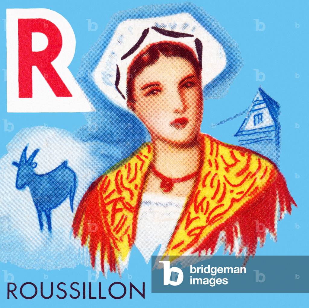Letter R: Roussillon. Alphabetical cubes, French provinces and cities: traditional costumes and headdresses and a typical symbol of each region (human activity or monument) (lithograph)