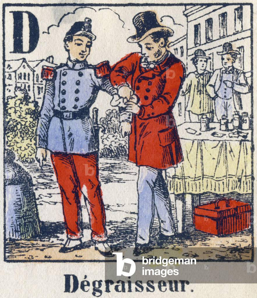 Letter D: degreaser. Alphabet of professions. Delhalt imagery, second half of the 19th century. Dim: 40x29,3cm