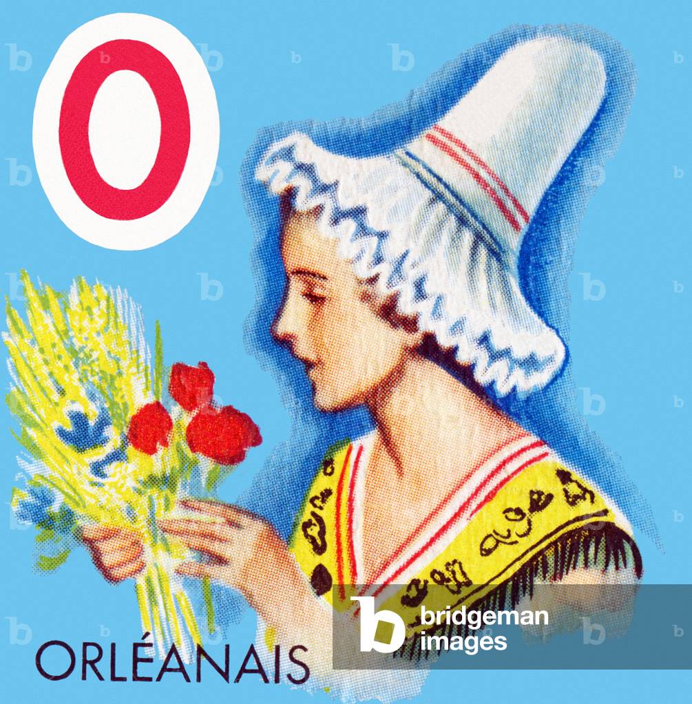 Letter O: Orleanais. Alphabetical cubes, French provinces and cities: traditional costumes and headdresses and a typical symbol of each region (human activity or monument) (lithograph)