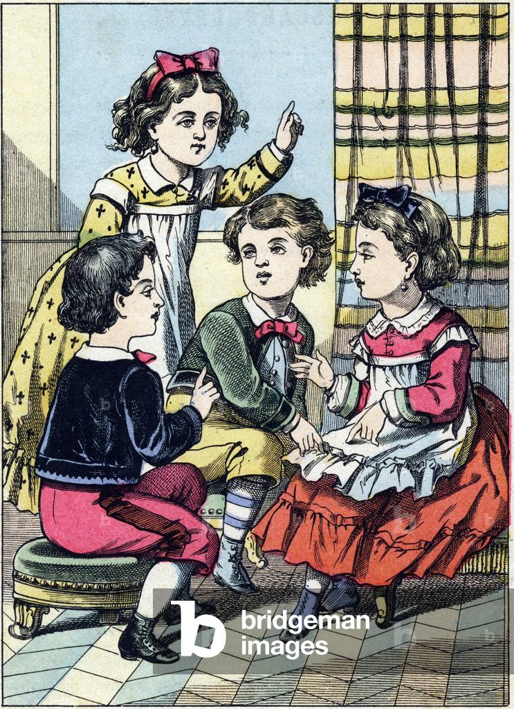 Pigeon game flies. Engraving from the picture album “The games of childhood