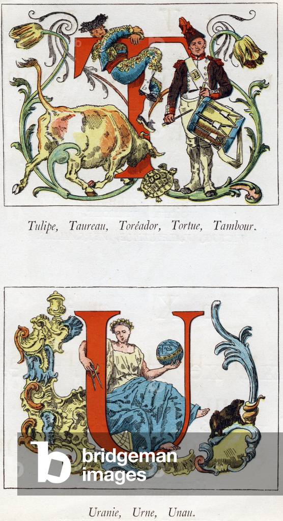 Letter T: Tulip, Taurus, Toreador, Turtle, Drum; U: Urania, Urn, Unau (lazy). engraving in “” Alphabet””. Finish printing on 15 November 1875 by Charles Unsinger for Alphonse Lemerre, bookseller-publisher, Paris, 27-31 passage Choiseul. Grave by Alfred Prunaire (1837-?). 36 pages. Dim: 31x22cm. Private collection.