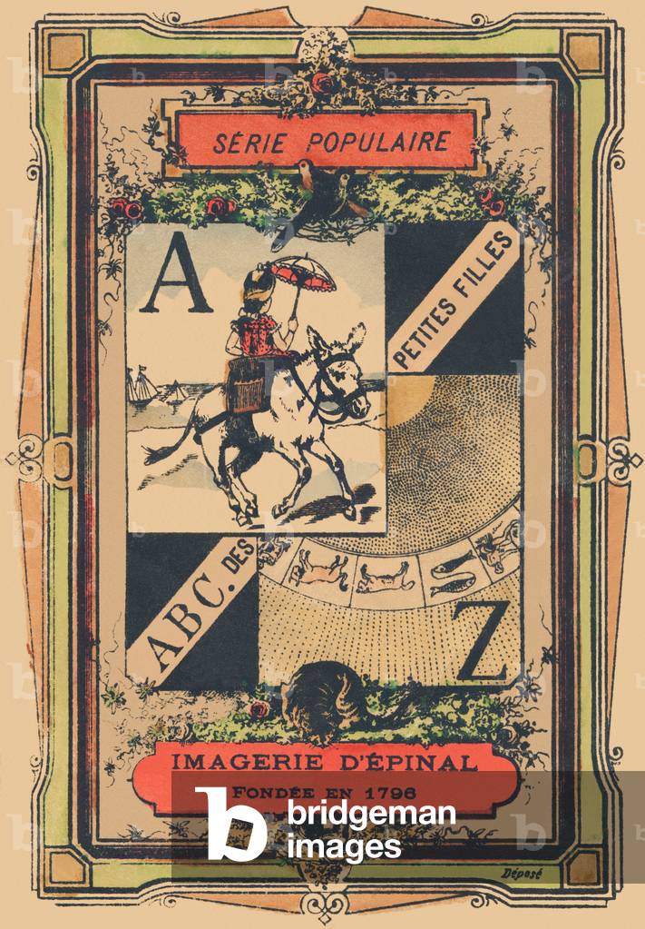 ABC of the little girls. Cover of a popular series of the Imagery of Epinal, 1875. Small booklet of 8 pages. Dim: 205 x 150 mm. Stencilled wood engraving