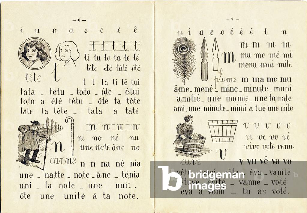 Head, cane, pen, tank - Booklet 1, page 6-7 - New method of reading by J. Signoret, Primary Inspector, Author of “” Rational Writing”” (Right Writing Method) & C. Arnaud, Teacher, Inventor of Table “” Practice”. 1st booklet. Illustrations by P. Signoret. Bookstore Ferran Jeune, Marseille, 1925. Ninth edition. Dimensions: 19 x 14 cm. 32 pages