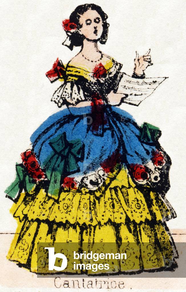 Cantatrice. Engraving in “” Characters and Costumes vary””. New Epinal Imaging. Imp. lith. Pinot et Sagaire, booksellers publishing at Epinal. Plate Ná411. Stencilled lithographs. Around 1850. Dim: 41 x 28 cm. Private Collection