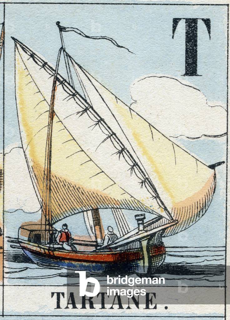Letter T like Tartane. Navy alphabet . Epinal image, late 19th century. Stencilled wood engraving