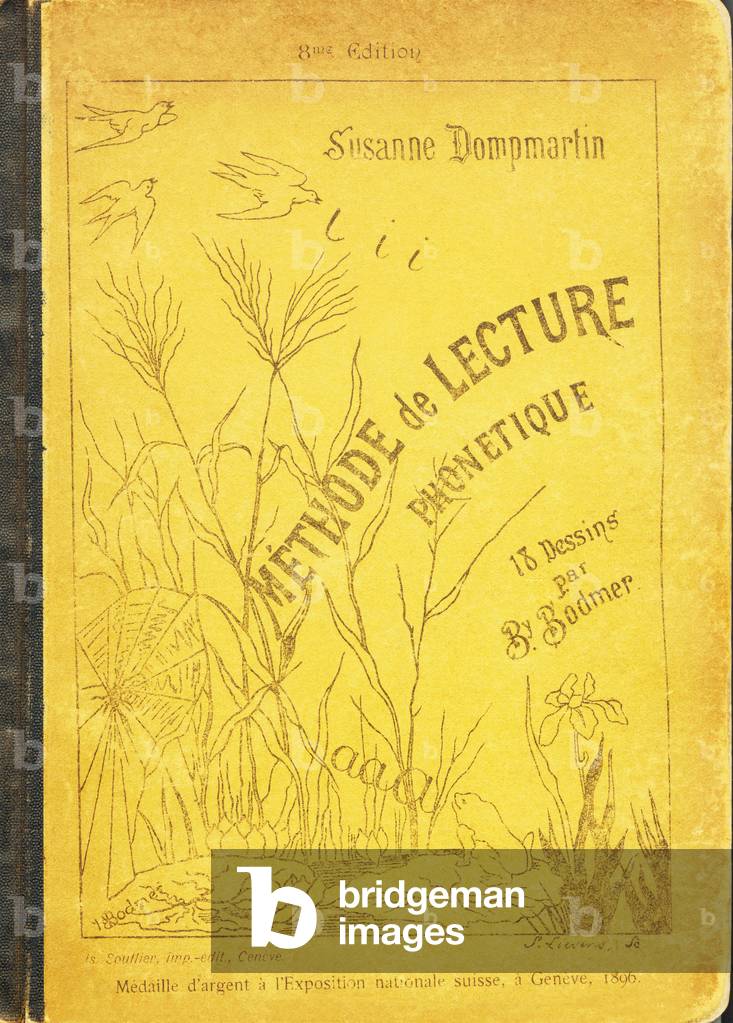 Near a pond, birds, frogs and aquatic plants - Cover - Phonetic reading method for children from 6 to 7 years old by Susanne Dompmartin, Inspector of the Childhood Schools of the Canton of Geneve. Isaac Soullier, printer-publisher, Geneva, circa 1890. Seventh edition. 104 illustrations in the text. 18 drawings by B. Bodmer. Engraving by Deberny. Dimensions: 20.5 x 15 cm.