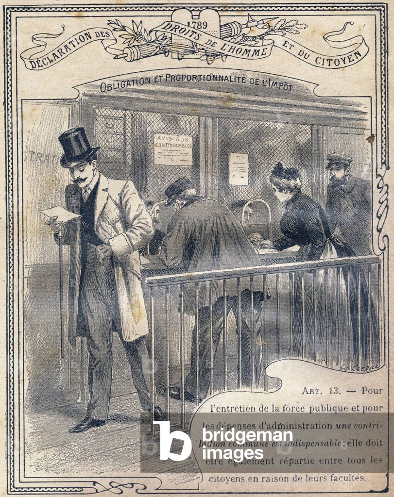 1789: Declaration of the Rights of Man and of the Citizen: Obligation et proportionnalite de l'impot, 1919 (Engraving)
