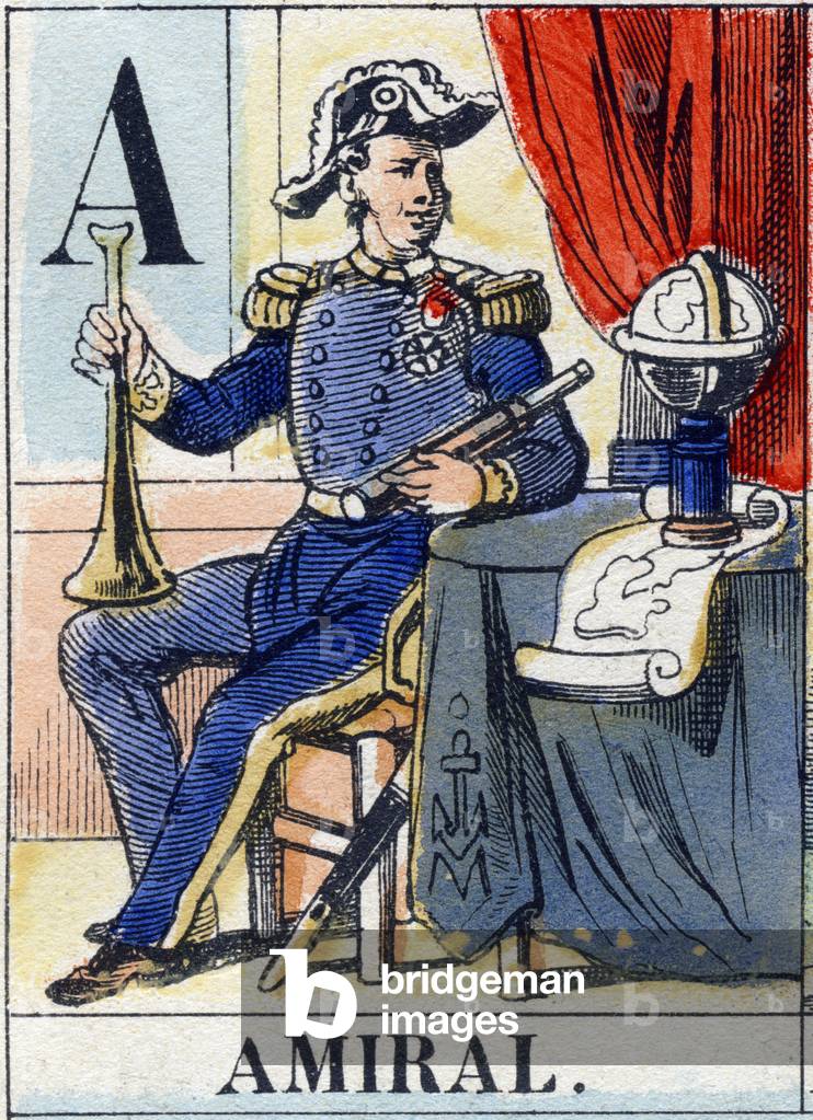 Letter A as Admiral. Navy alphabet . Epinal image, late 19th century. Stencil-coloured wood engraving