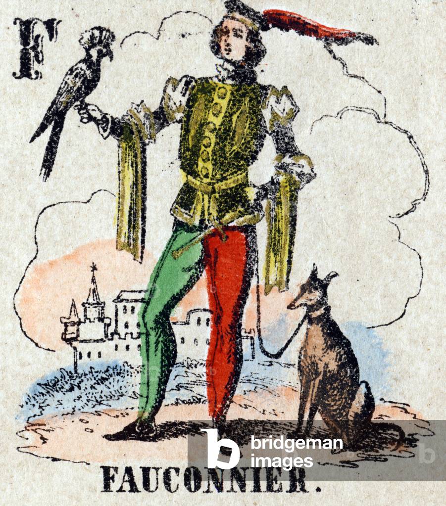 Letter F as falconer. Small encyclopedic alphabet, c.1860 (Epinal print)