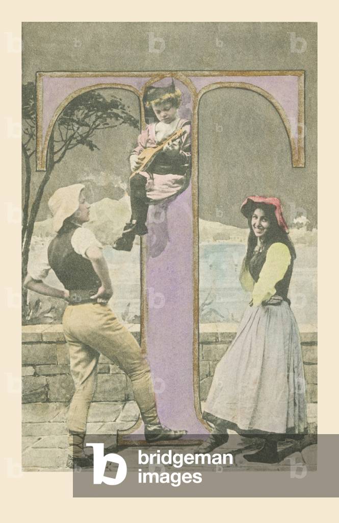 T: A girl playing mandolin and two young dancers