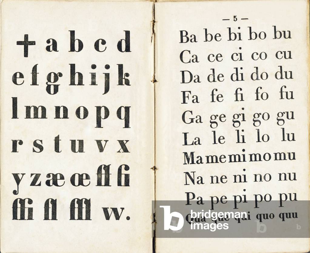 Abecedaire avec croix stylisee et syllabaire - Alphabet chretien ou Reglement pour les enfants qui frequentent les ecoles chretiennes. Alfred Mame et Fils, editeurs, Tours, 1889. Dimensions : 15 x 9 cm.