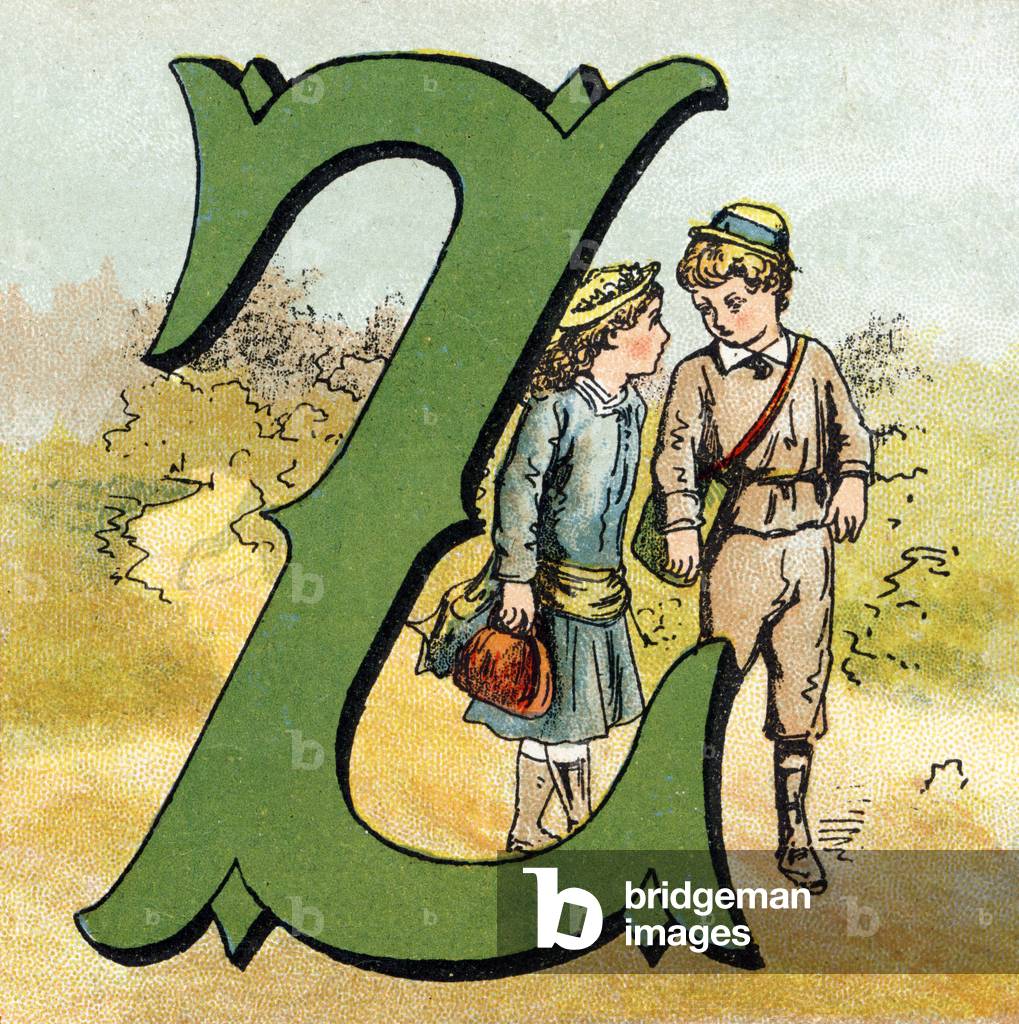 Letter Z. Brother and sister going to school. Engraving (Chromolithography - Chromo) in “