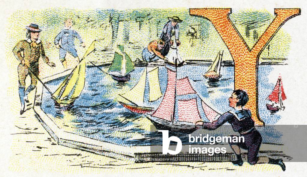 Letter Y: Yole Yacht. Alphabet of Phosphatine Falieres . Engraving. Brevete alphabet S.G.D.G. by pharmacist Pierre Emile Falieres . Illustrations in chromolithography, late 19th century. 16 pages. Dim: 103x154mm