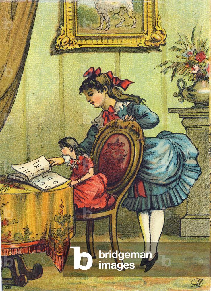 Reading lesson in the stern. In a room, a girl standing shows her stern sitting in an armchair the alphabet prints in a book. Chromolithography, unknown publisher, late 19th century. Dimensions: 15 x 11 cm
