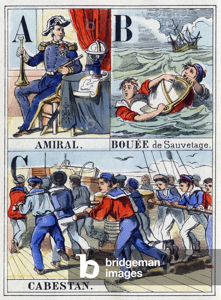 Letters A as Admiral, letter B as Bouee, letter C as Cabestan. Navy abecedary of 16 pages containing an alphabet in capital letters. Epinal image, late 19th century. Stencilled wood engravings Dim: 21x14,5cm