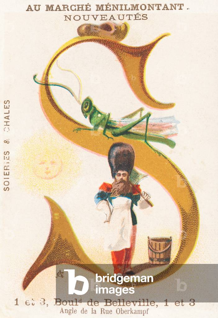 Letter S: soldier, grasshopper, sun, bucket, hoof. Alphabet Art Nouveau: Series of 25 advertising chromolithographs. Lithography by Alfred Clarey, late 19th century. Dim 115x75mm
