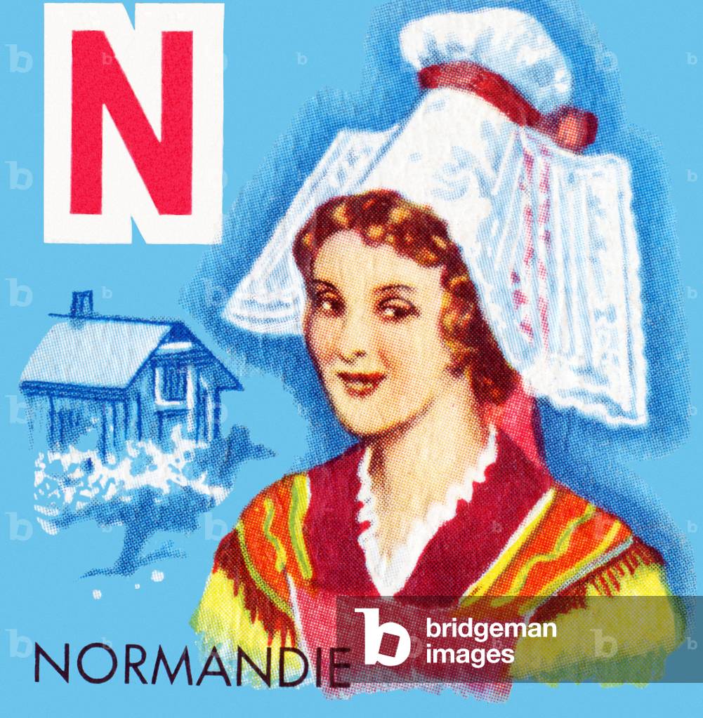 Letter N: Normandy. Alphabetical cubes, French provinces and cities: traditional costumes and headdresses and a typical symbol of each region (human activity or monument) (lithograph)