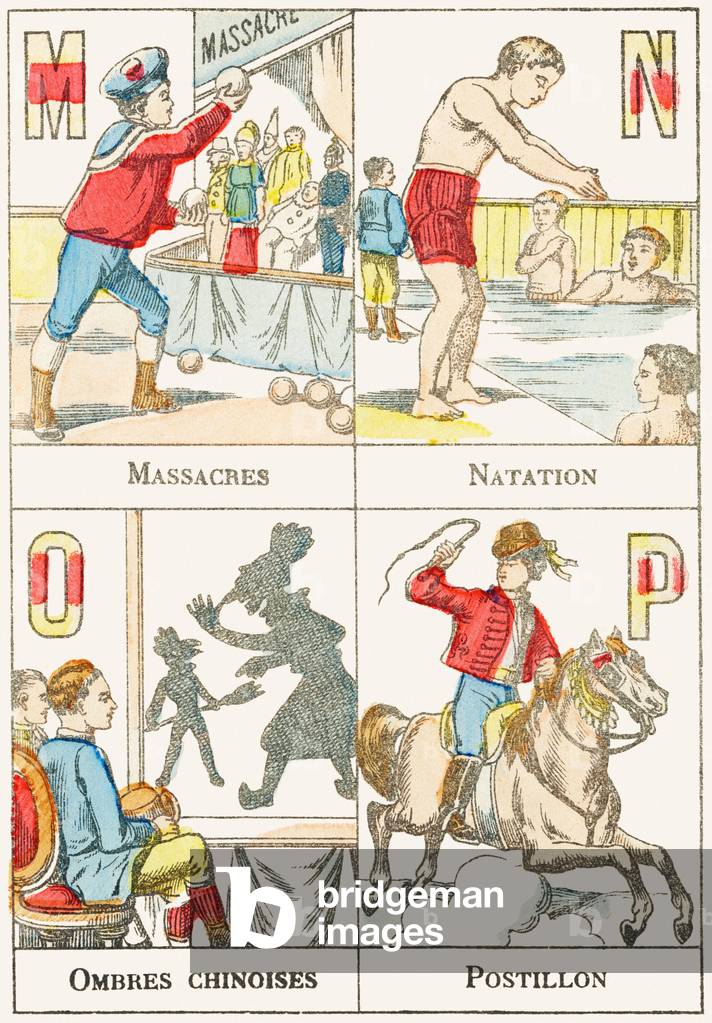 M N O P ; M : Massacres ; N : Natation ; O : Ombres chinoises ; P : Postillon - Gravure extraite de 