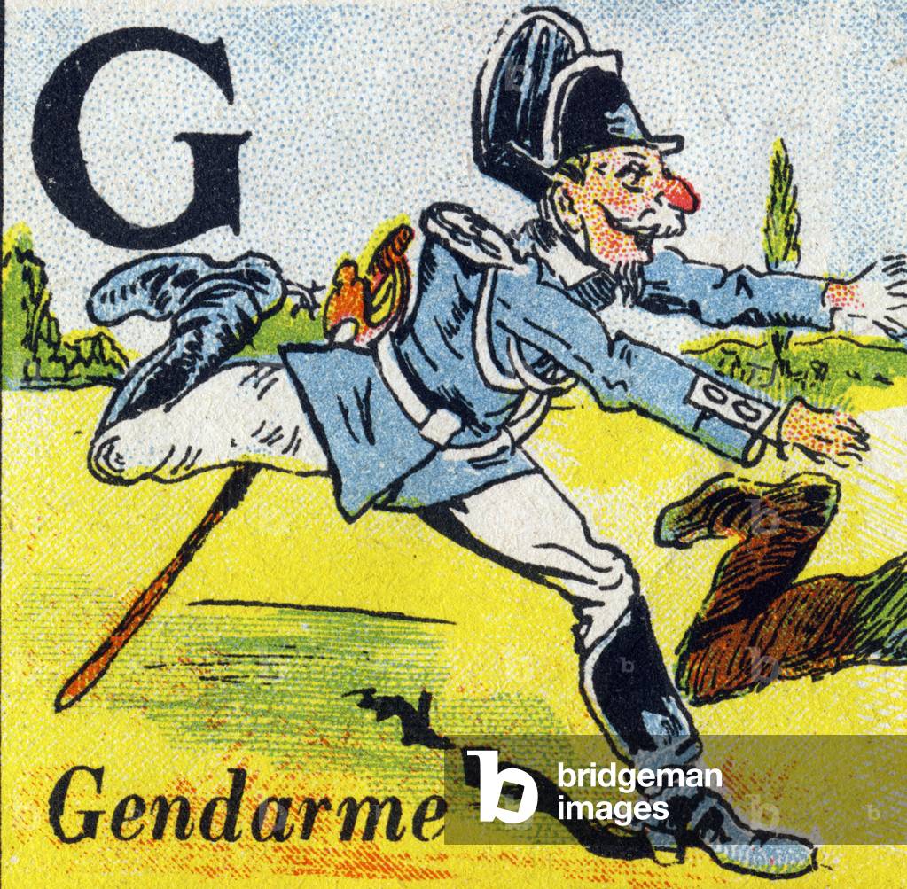 Letter: G (Constable). Recreative alphabet. Chromolithography, undated (ca. 1920). Offered by “La Samaritaine de Nancy”. Small booklet containing a reading method and an illustrated abecedary. 8 pages. Dim: 17,5x13cm. Private Collection