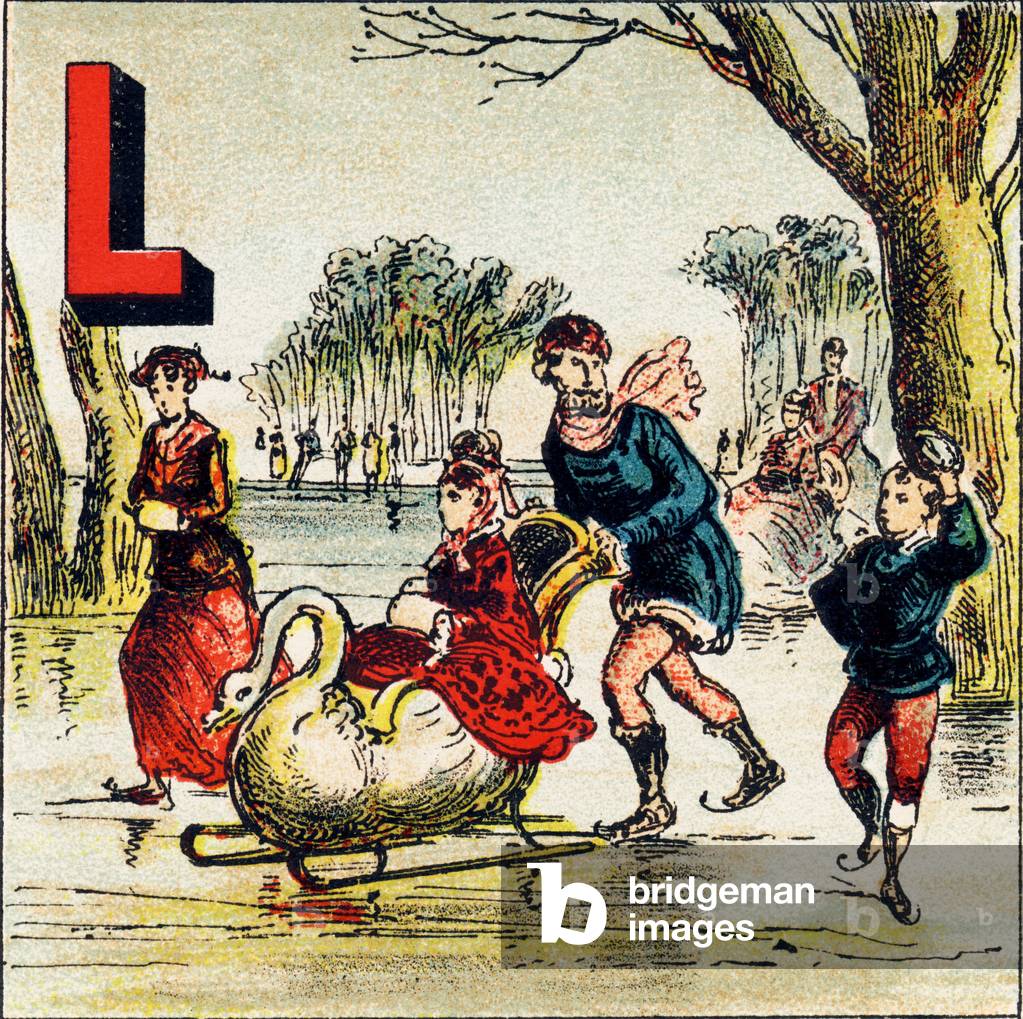 L : Lac. Un lac est un grand espace d'eau enclave dans les terres. Le Lac de Geneve est un lac admirable - Gravure extraite de Alphabet geographique. Guerin-Muller et Cie, editeurs, Paris, 1880. Librairie enfantine illustree. Dimensions : 27 x 19 cm.