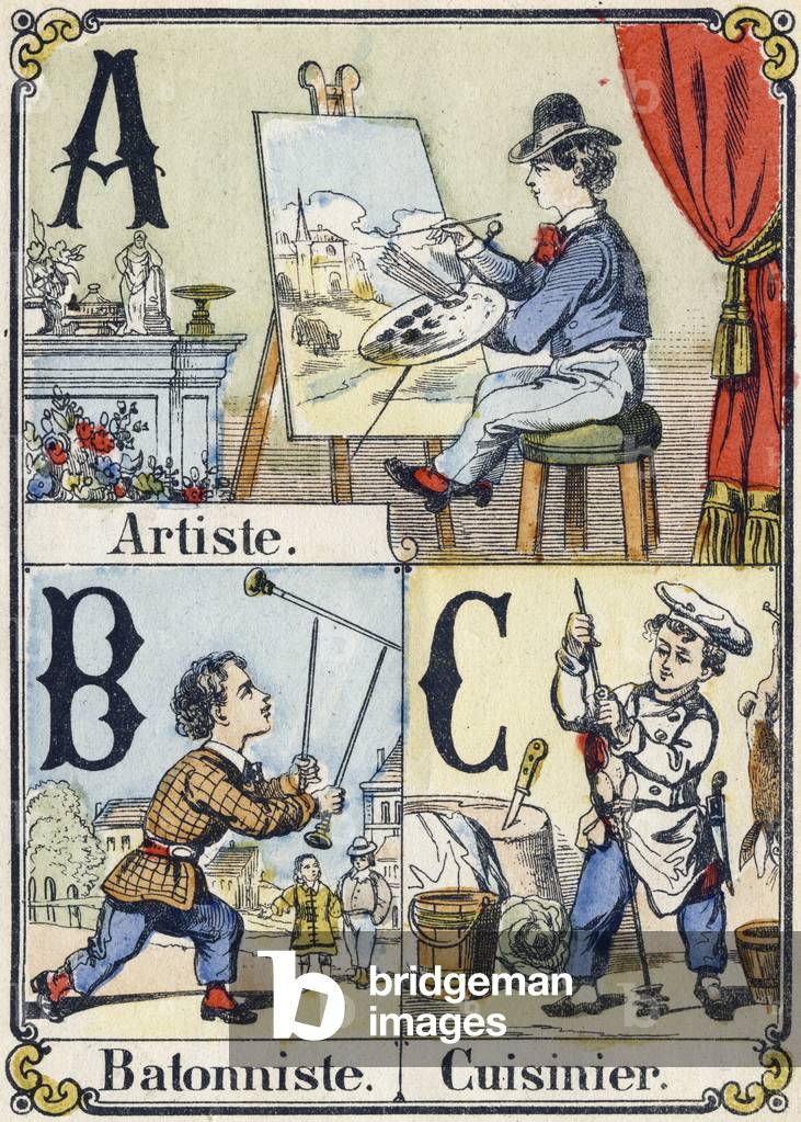 Letter A, B and C: artist, batonist and cook. Recreative alphabet. Epinal imaging. Stencilled wood engravings, circa 1880. Small 16-page booklet