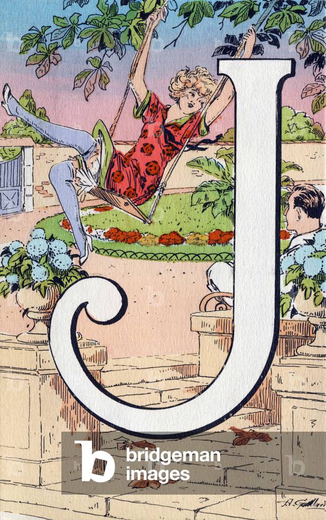 Letter J as Game, Joy. Abecedary in postcards. Illustrations by A. Gaillard. Series of 24 cards published before 1930 (Annees Folles). Engraving. Dim: 14x9cm. Private Collection