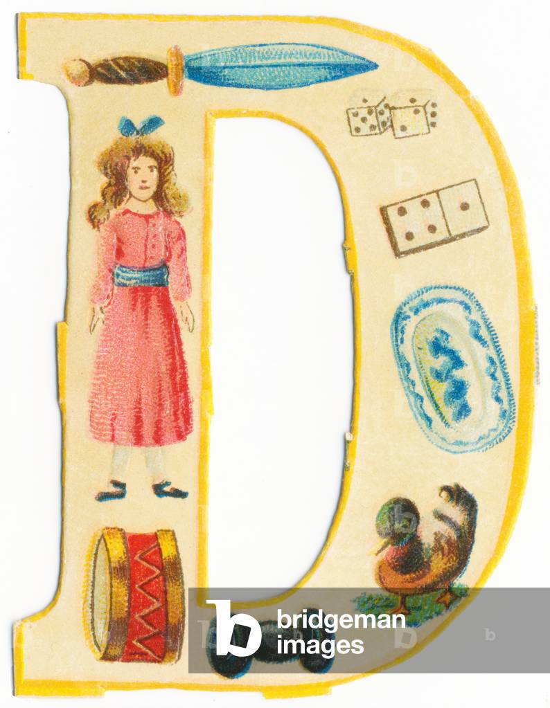 D: dagger, doll, dice, domino, drum, dish, dumbbell, duck (colour litho)