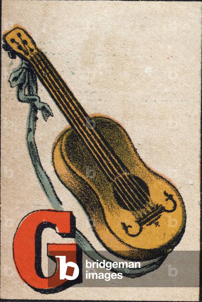 Letter G: guitar. ABC. Franco-German abecedaire. Late chromolithography of the 19th century. Unknown editor. 16 pages. Dim: 17x11,5cm