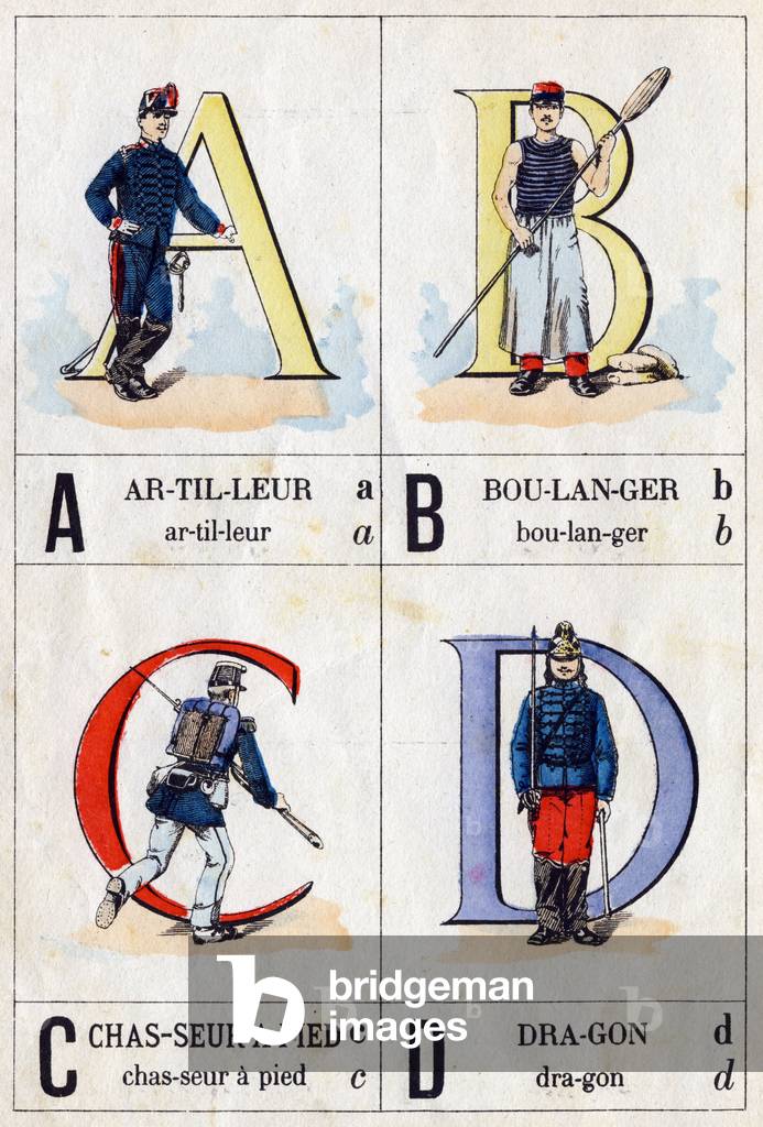 Letters A as gunner, b as baker, c as foothunter and D as dragon. ABC military1870-1880 (Epinal print)