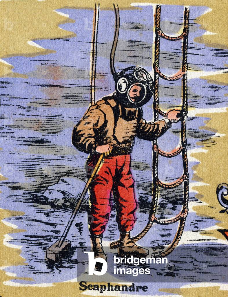 Scuba suit. Illustrated alphabet. Imageries reunited in Jarville-Nancy, beginning of the 20th century. Dim: 40 x 29 cm. Lithography on a bistre background