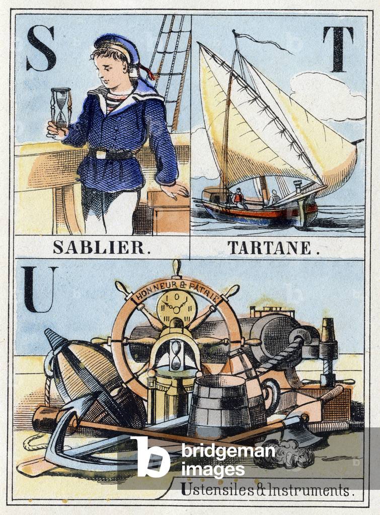 Letters S as hourglass, letter T as tartane, letter U as utensils and instruments. Navy abecedary of 16 pages containing an alphabet in capital letters. Epinal image, late 19th century. Stencilled wood engravings Dim: 21x14,5cm