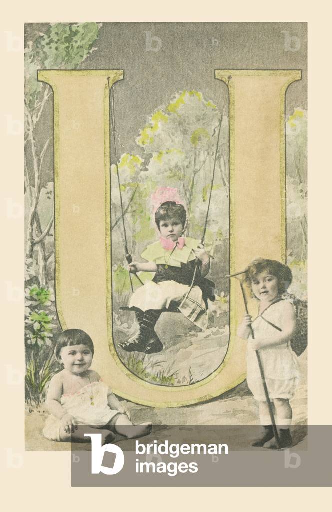 U: A girl on a swing, a baby sitting and a child blooming